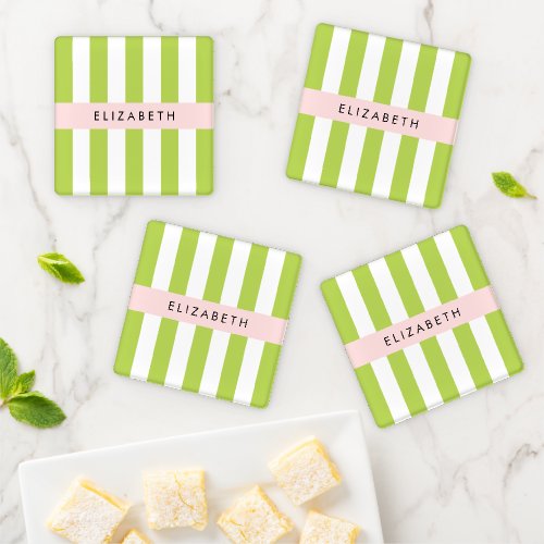 Green Stripes Lines Striped Pattern Your Name Coaster Set