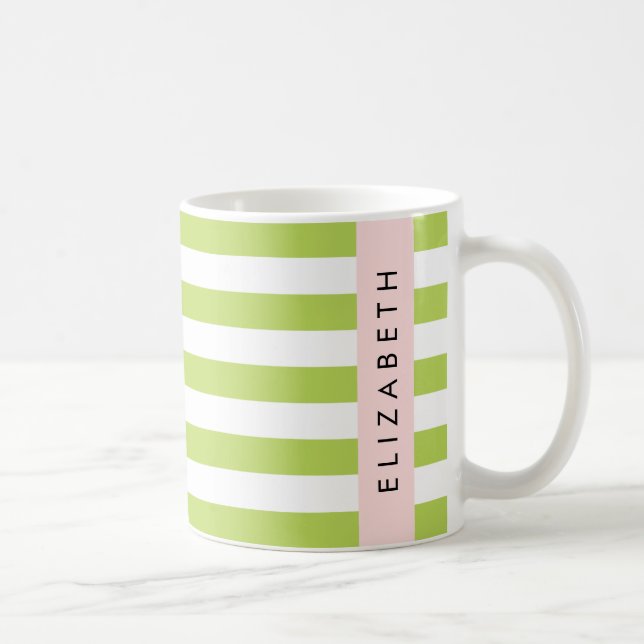 Green Stripes, Lines, Striped Pattern, Your Name Coffee Mug (Right)