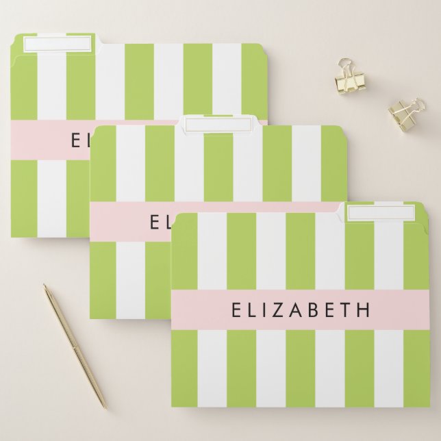 Green Stripes, Lines, Striped Pattern, Your Name File Folder (Set)