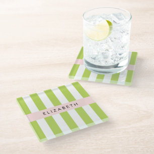 Green Stripes, Lines, Striped Pattern, Your Name Glass Coaster