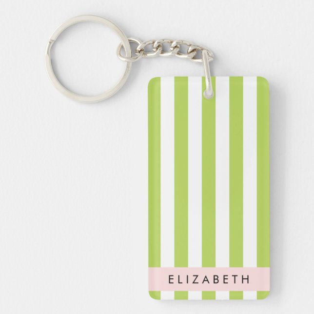 Green Stripes, Lines, Striped Pattern, Your Name Keychain (Front)