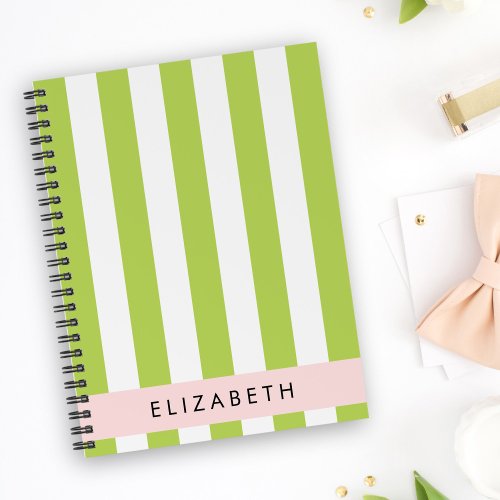 Green Stripes Lines Striped Pattern Your Name Notebook