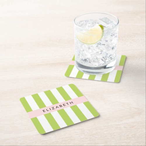 Green Stripes Lines Striped Pattern Your Name Square Paper Coaster