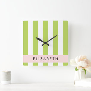 Green Stripes, Lines, Striped Pattern, Your Name Square Wall Clock