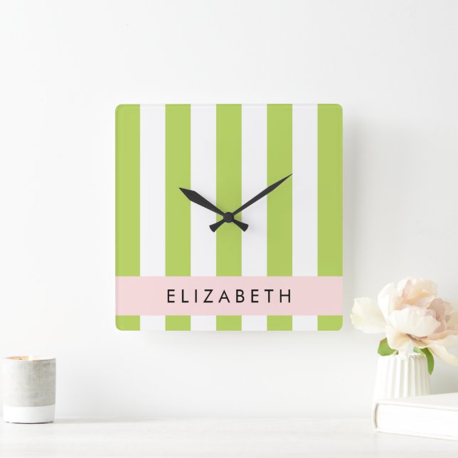 Green Stripes, Lines, Striped Pattern, Your Name Square Wall Clock (Home)