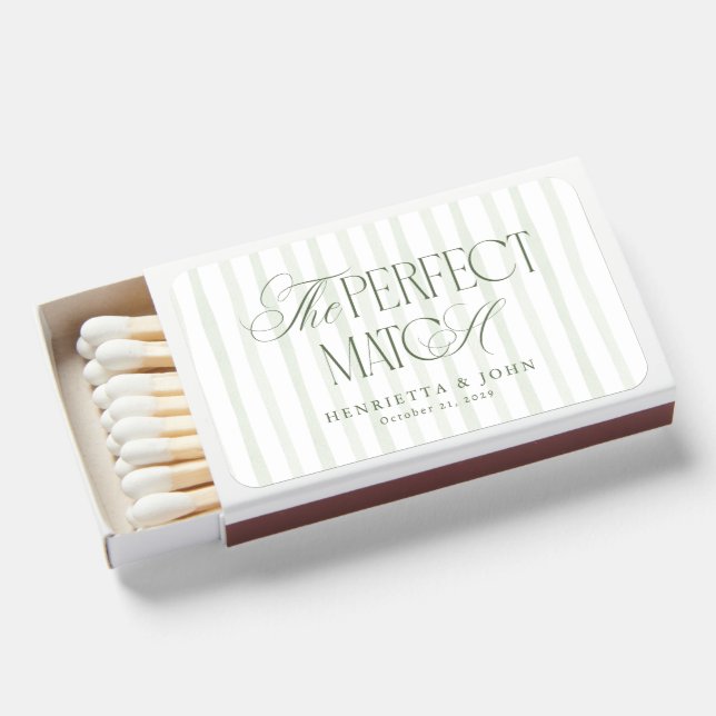 Green Stripes Luxe Script Old Money Wedding Favor Matchboxes (Front Open)