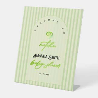 Green Stripes Matcha Baby Shower Welcome Pedestal Sign