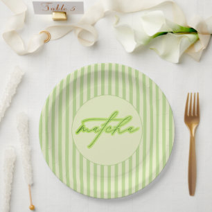 Green Stripes Matcha Scripted Baby Shower Paper Plates
