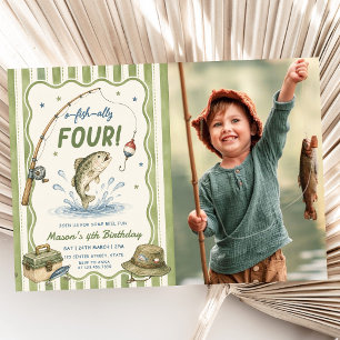 Green Stripes O-Fish-Ally Four Birthday Photo Invitation