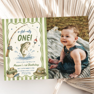 Green Stripes O-Fish-Ally One Birthday Photo Invitation