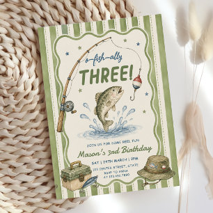 Green Stripes O-Fish-Ally Three Birthday  Invitation