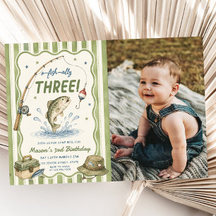 Green Stripes O-Fish-Ally Three Birthday Photo Invitation