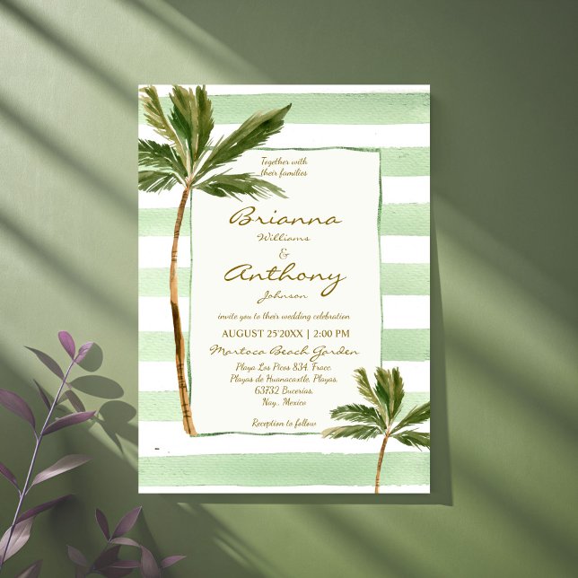 Green stripes palms beach wedding invitation (Green stripes palms handrawn retro beach wedding invitation cards template instant download)