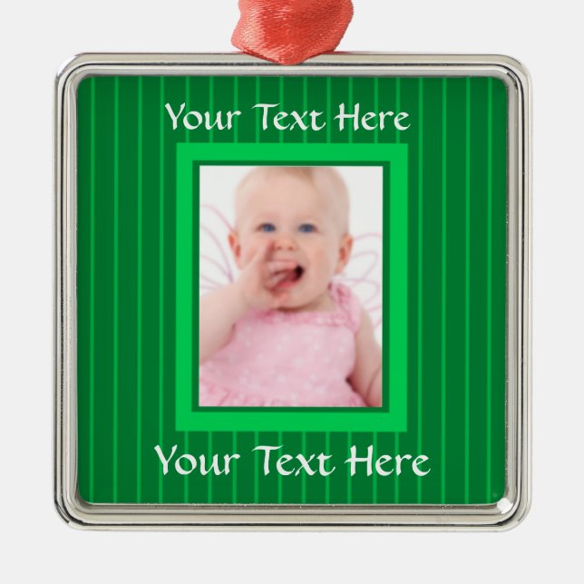 Green Stripes Personalized Photo Ornament (Front)