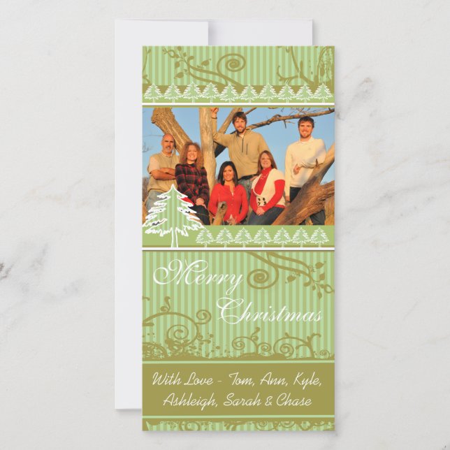 Green Stripes Pine Swirl Holiday Family Pictures Card (Front)