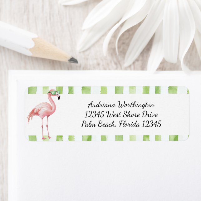 Green Stripes Pink Flamingo Beach Bridal Shower Label (Insitu)
