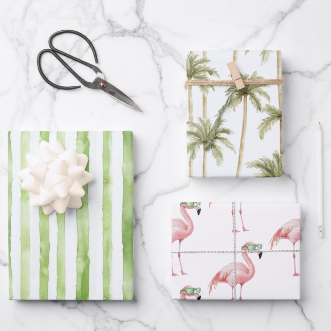 Green Stripes Pink Flamingo Palm Trees Birthday Wrapping Paper Sheets (Front)