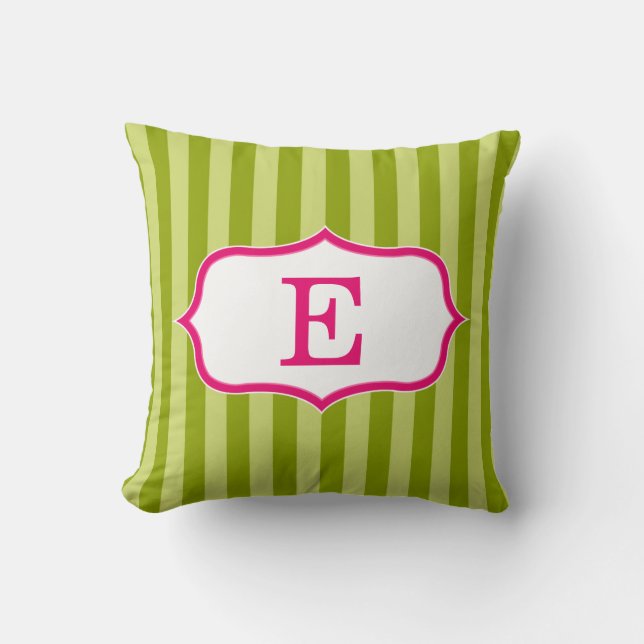 Green Stripes Pink Monogram Design Throw Pillow (Front)