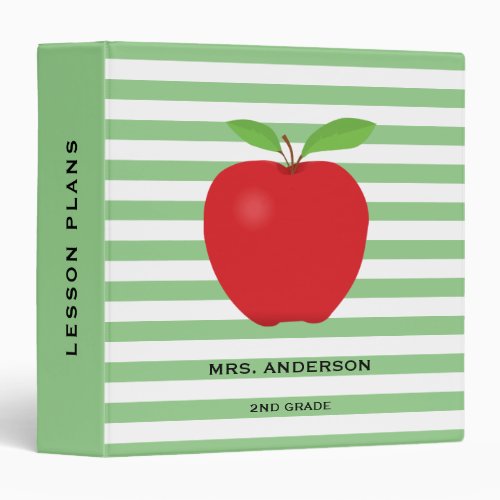 Green  Stripes Red Apple Personalized Teacher 3 Ring Binder