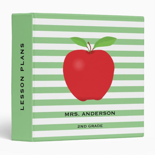 Green  Stripes Red Apple Personalized Teacher 3 Ring Binder (Front/Spine)