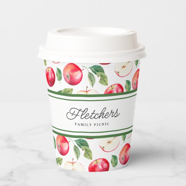Green Stripes & Red Apples Customizable Paper Cups (Front)