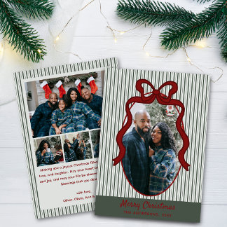 Green Stripes & Red Bow Christmas 5 Photo Holiday Card