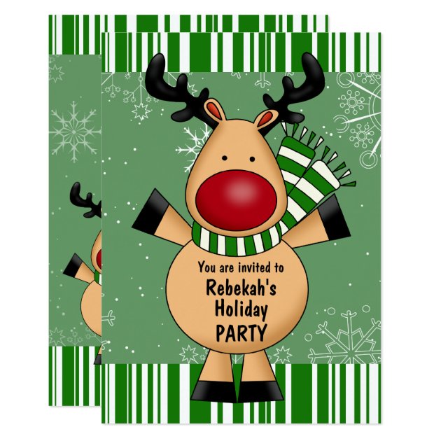 Green Stripes Reindeer Holiday Party Invitation