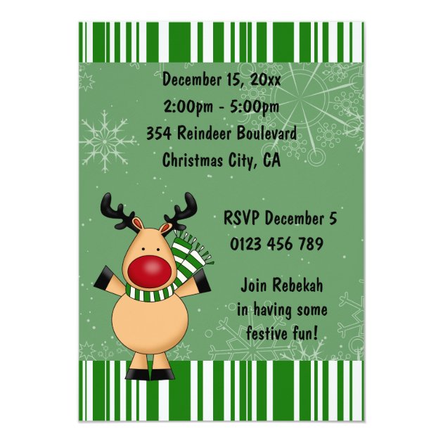 Green Stripes Reindeer Holiday Party Invitation