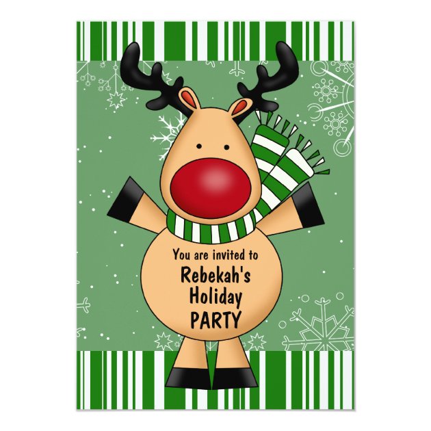 Green Stripes Reindeer Holiday Party Invitation