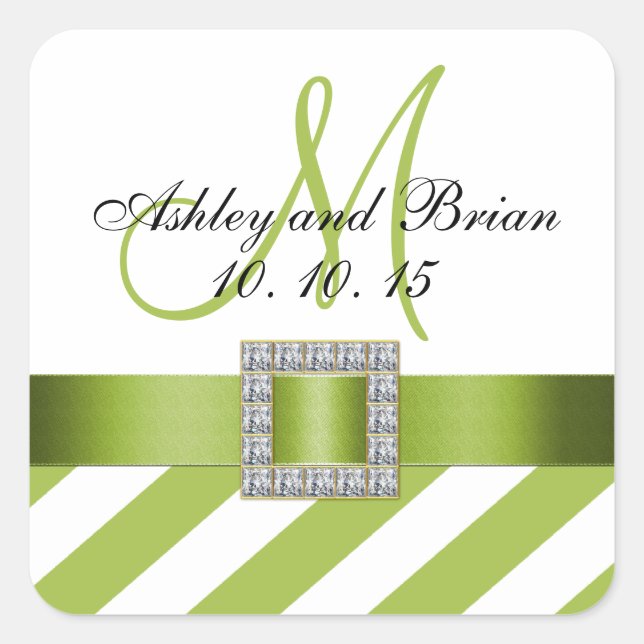 Green Stripes Ribbon Monogram Wedding Favor Label (Front)