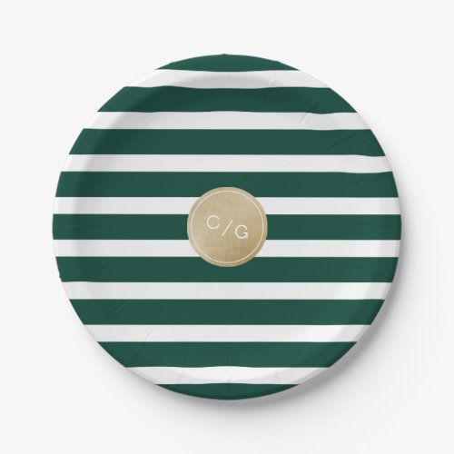 Green stripes simple modern wedding monogram paper plates
