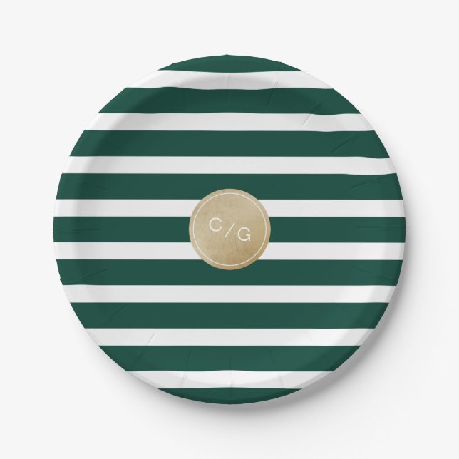 Green stripes simple modern wedding monogram paper plates (Front)