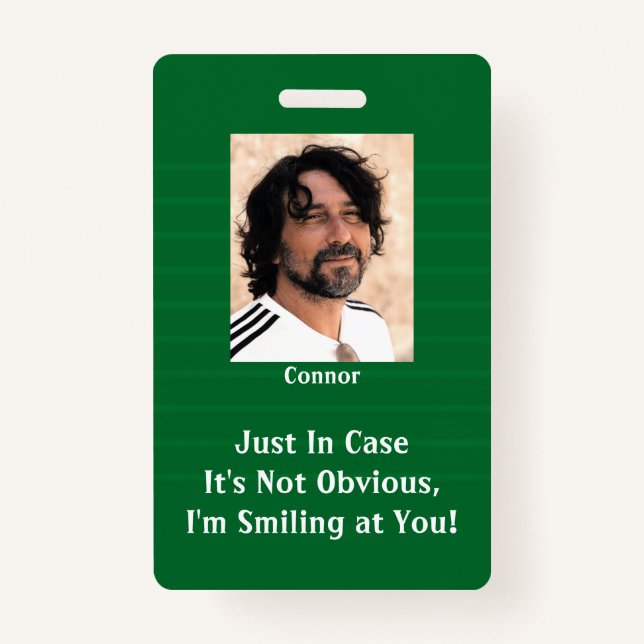 Green Stripes Smiling Behind Your Mask Hello Badge (Front)