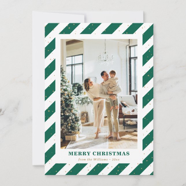 Green Stripes Snow Photo Merry Christmas Card (Front)