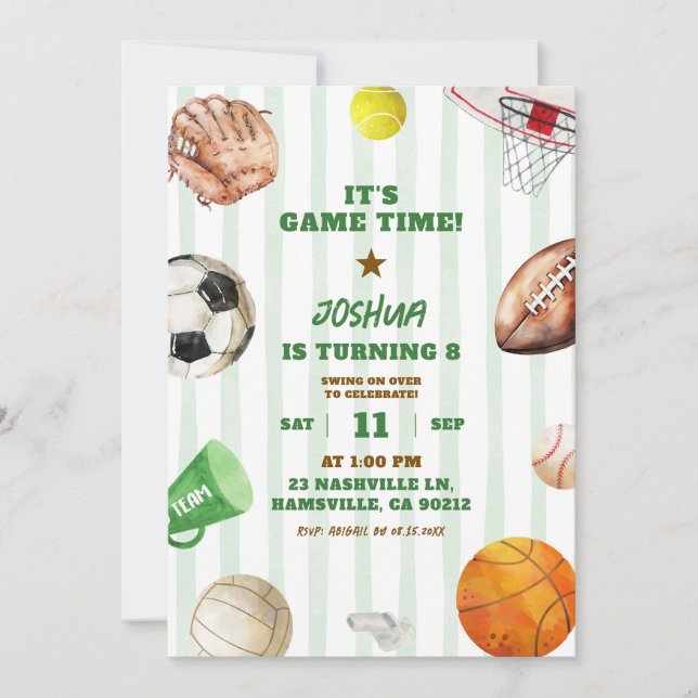 Green Stripes Sports Game Time Boy Birthday Invitation (Front)