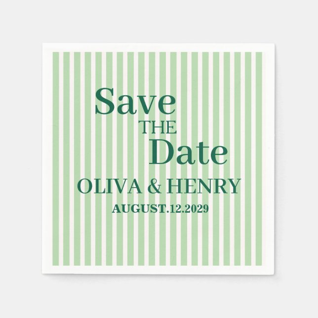 GREEN STRIPES STYLISH SIMPLE SCRIPT SAVE THE DATE NAPKINS (Front)