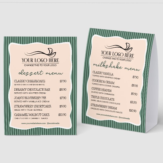 Green Stripes Wavy Frame Restaurant Café Menu Paper Table Tent (Front/Back)