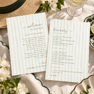 Green Stripes Wedding Welcome and Itinerary Card