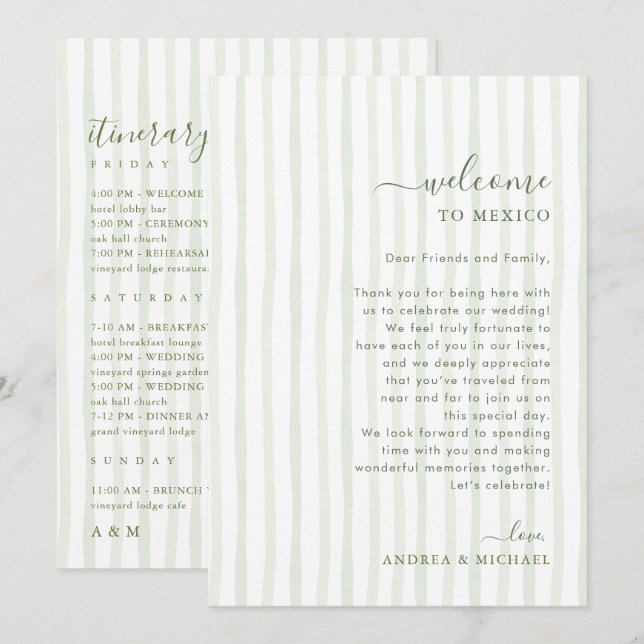 Green Stripes Wedding Welcome and Itinerary Card (Front/Back)