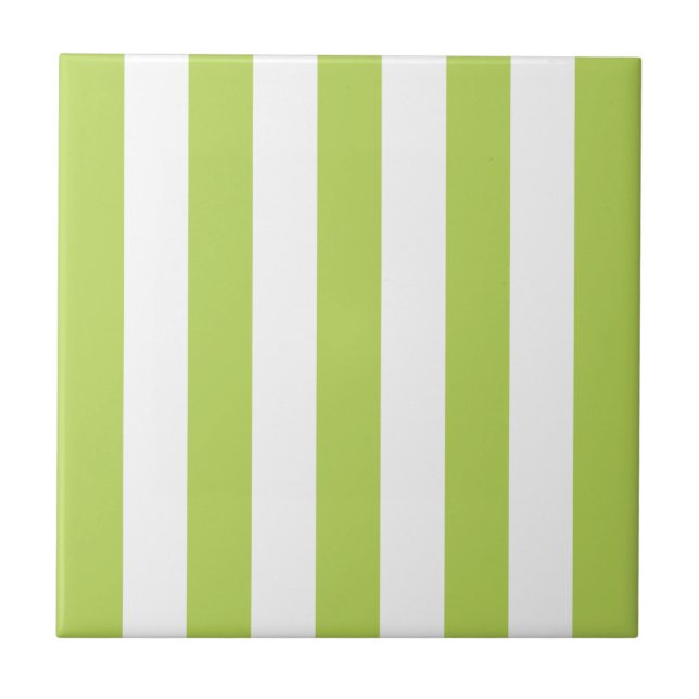 Green Stripes, White Stripes, Striped Pattern Ceramic Tile (Front)