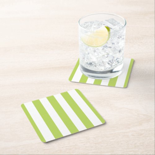 Green Stripes White Stripes Striped Pattern Square Paper Coaster