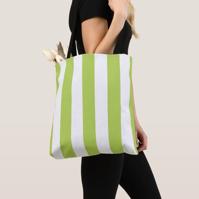 Green Stripes, White Stripes, Striped Pattern Tote Bag (Close Up)