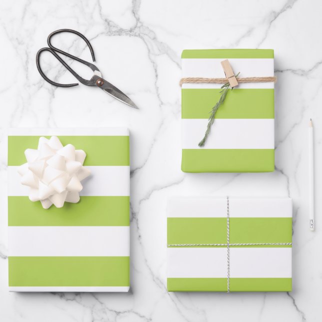 Green Stripes, White Stripes, Striped Pattern Wrapping Paper Sheets (Front)