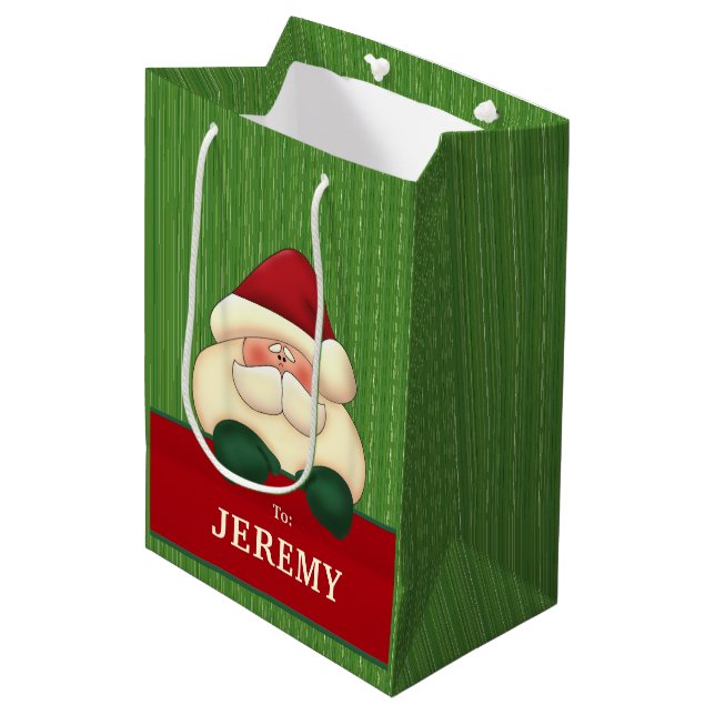 Green Stripes with Festive Santa Christmas Medium Gift Bag (Front Angled)