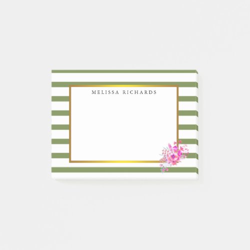 Green Stripes with Gold Border Floral Post_it Notes