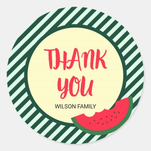 Green Stripes with Red Green Watermelon Thank You Classic Round Sticker