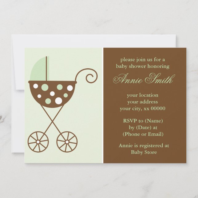 Green Stroller Neutral Baby Shower Invites (Front)