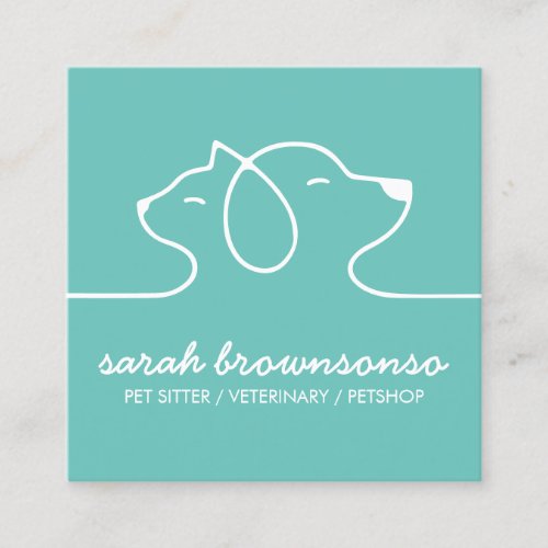 Green Stylish Line Cat Dog Simple Pet Square Business Card