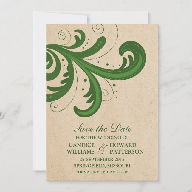 Green Stylish Swirls Save the Date Invite (Front)