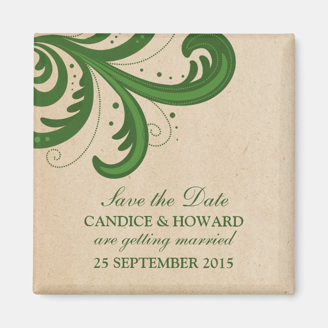 Green Stylish Swirls Save the Date Magnet (Front)